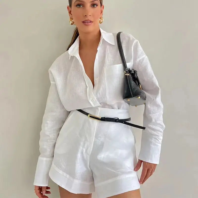 Casual Button-Up Shirt and Pocketed Shorts Two-Piece Set