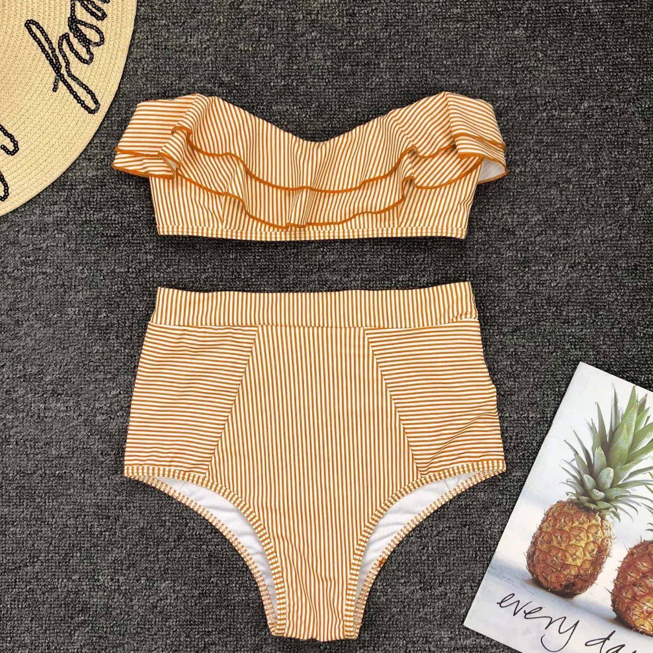 Striped Bandeau High-Waist Ruffle Bikini Set