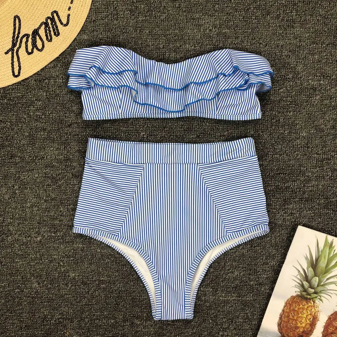 Striped Bandeau High-Waist Ruffle Bikini Set