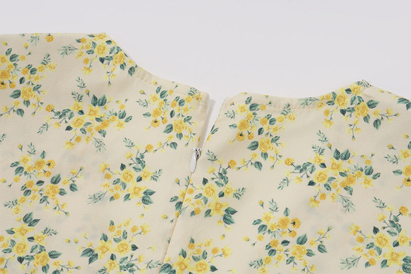 Yellow Floral Puff Sleeve V-Neck A-Line Dress