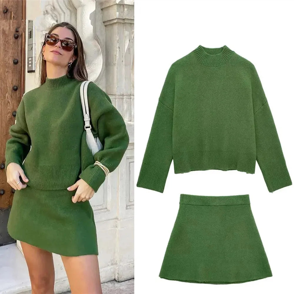 Slim Ribbed Sweater and High-Waist A-Line Mini Skirt Set