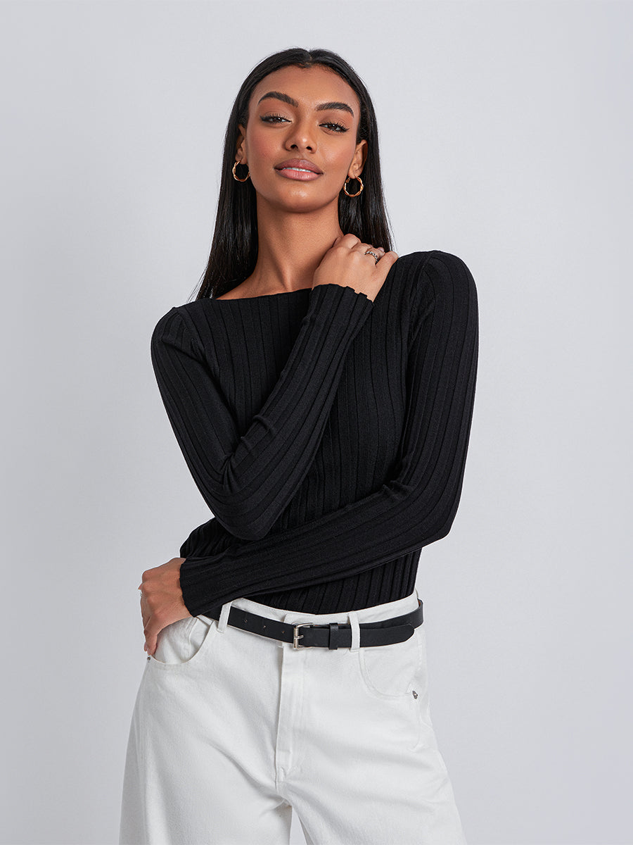 Long Sleeve Ribbed Knit Crewneck Sweater