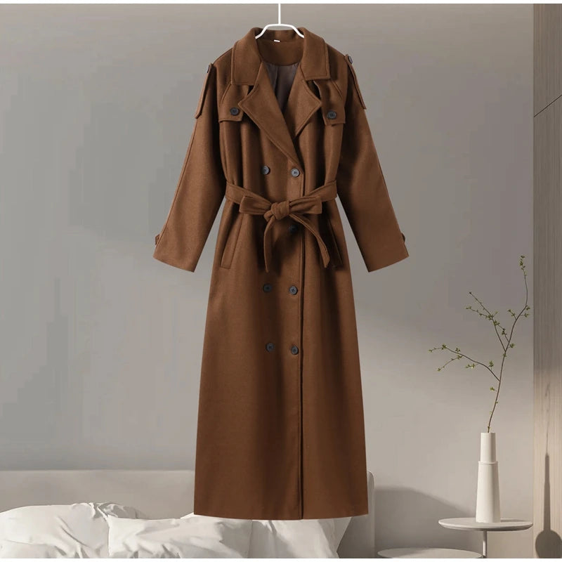 Elegant Woolen Overcoat With Belt Double Breasted Coat