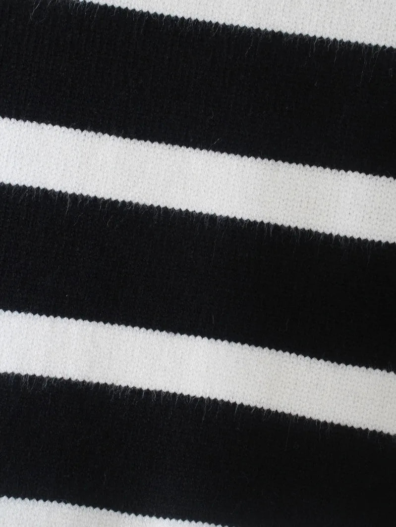 Black and White Striped Turtleneck Knit Sweater