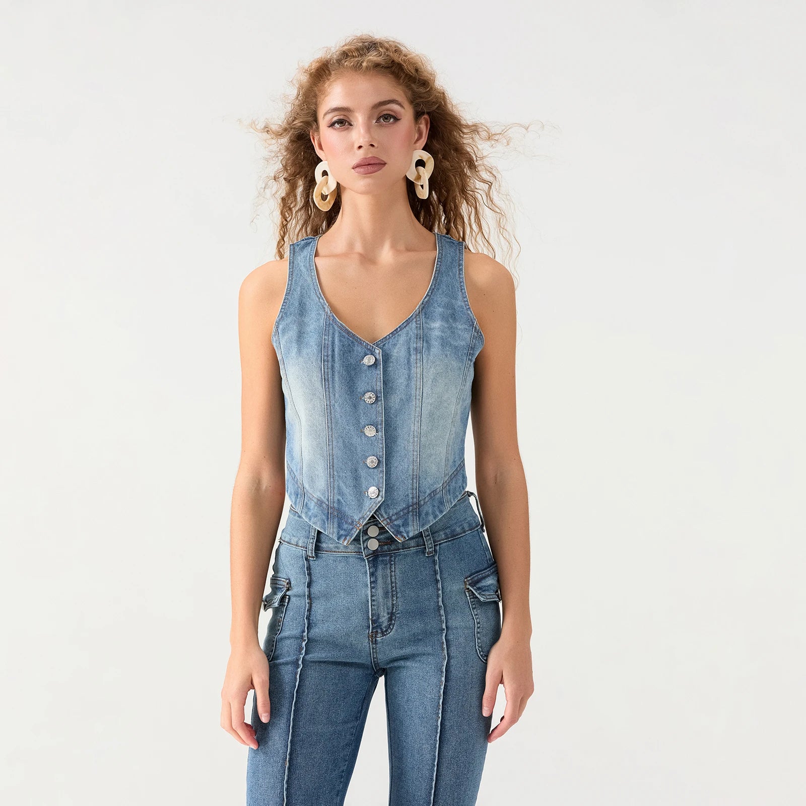 Sleeveless Denim V-Neck Button-Down Vest