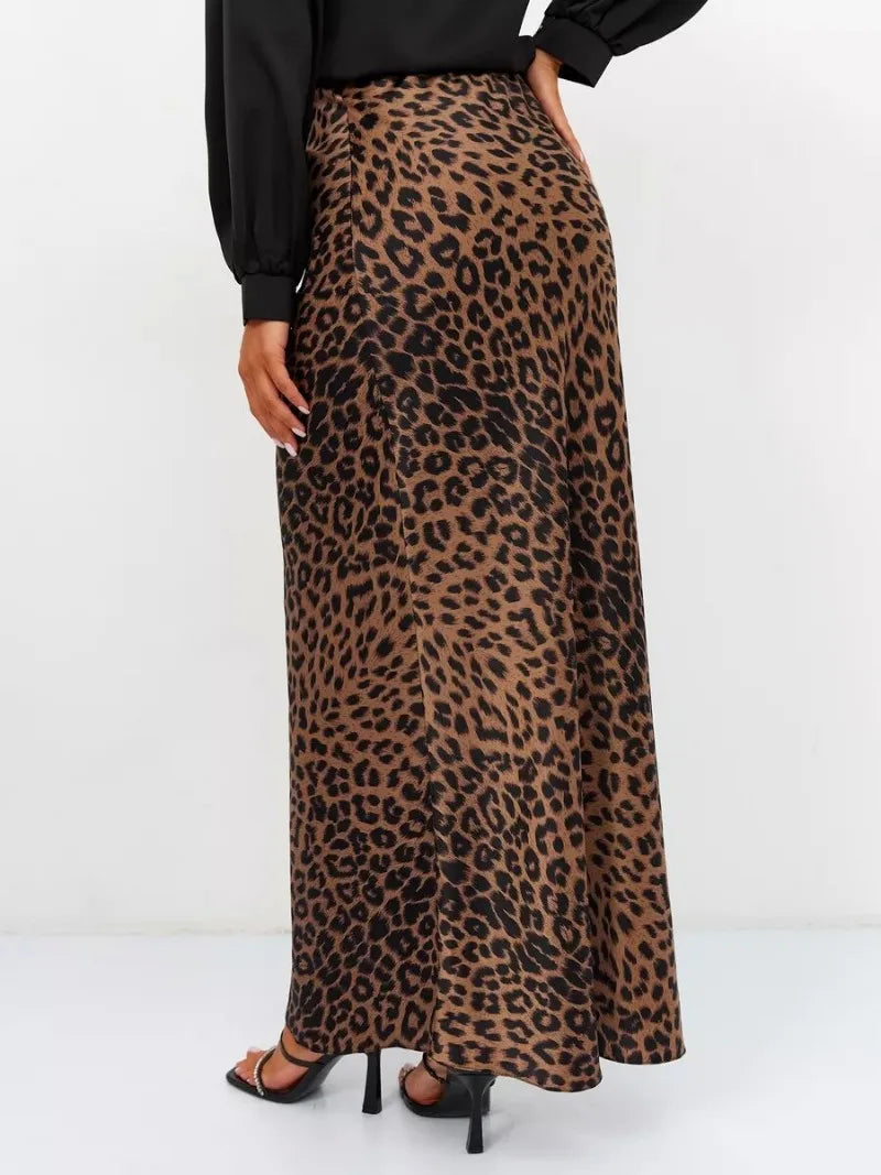 Satin Leopard Print Long Skirt