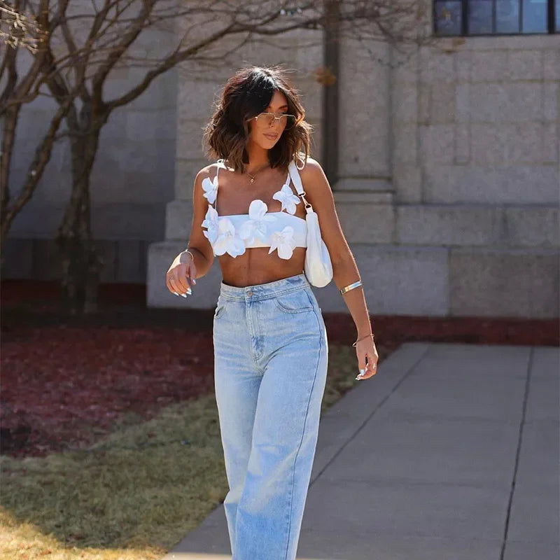 3D Floral Backless Cropped Sling Top