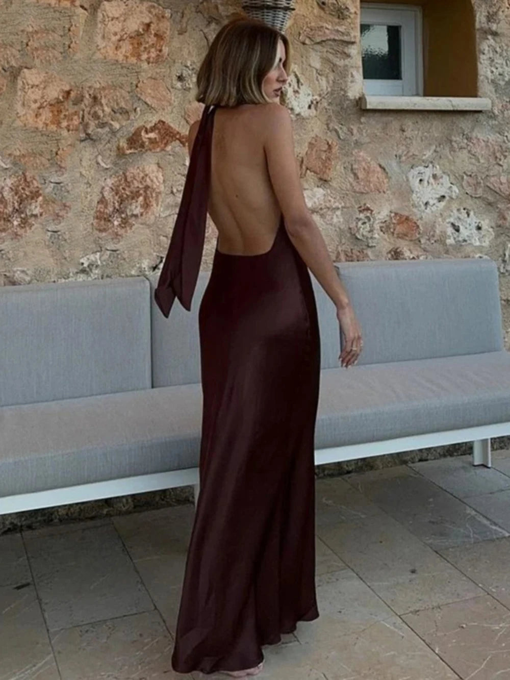 Solid Satin Backless Strappy Evening Dress