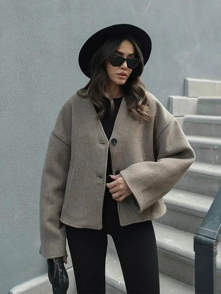 V-Neck Single-Breasted Short Coat with Pockets