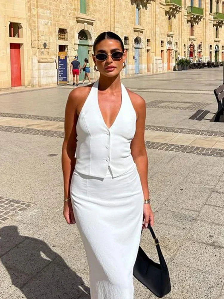 2 Piece Single Breasted Backless Bandage Vest + Split Long Skirt