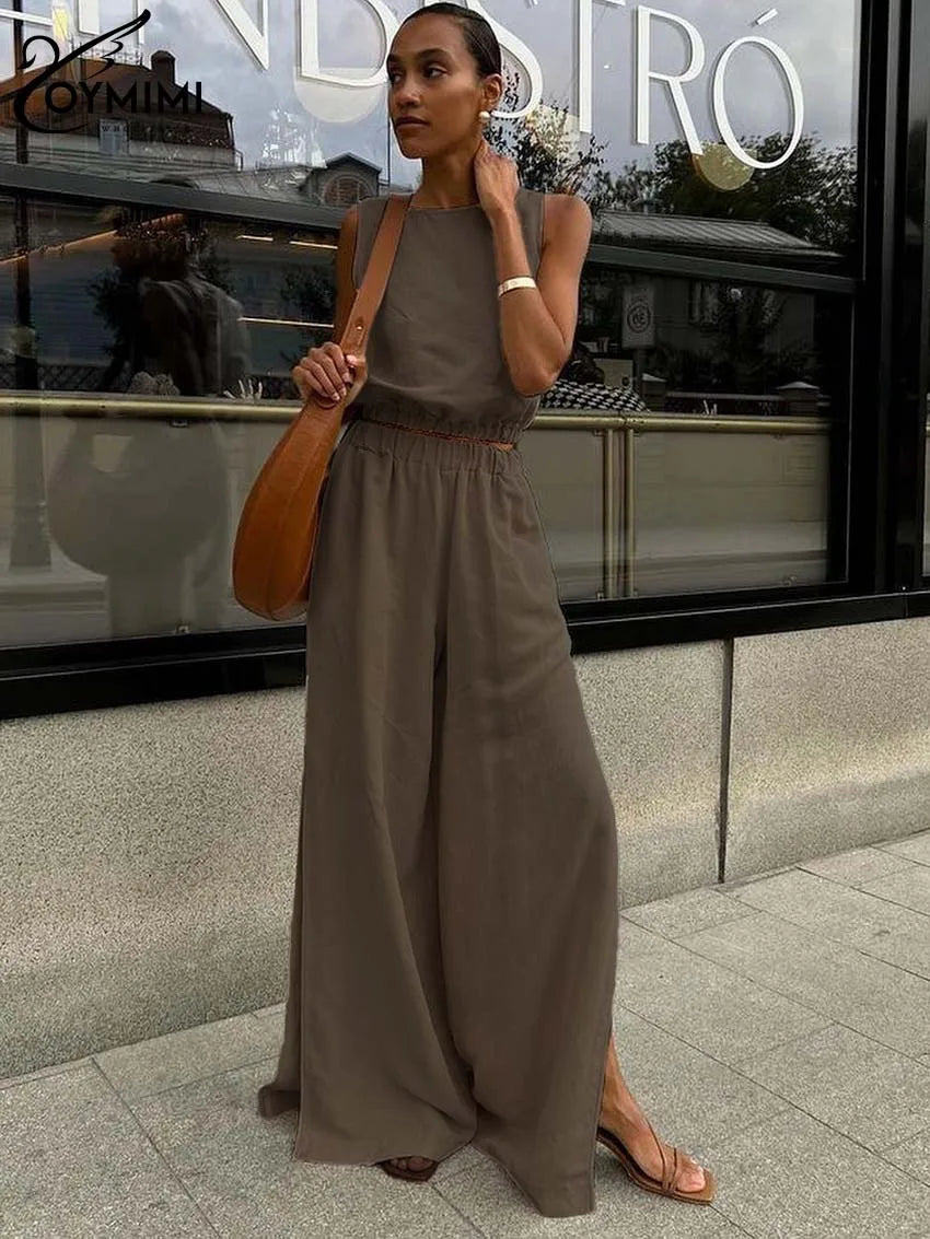 Brown Cotton Sleeveless Crop Top and High-Waist Slit Trousers Set