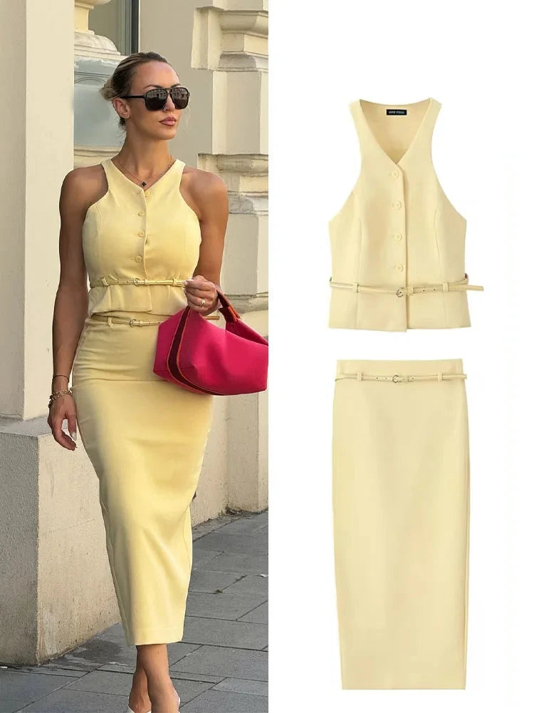 V-Neck Sleeveless Belt Single Breasted Top + High Waist Pocket Belt Long Skirt