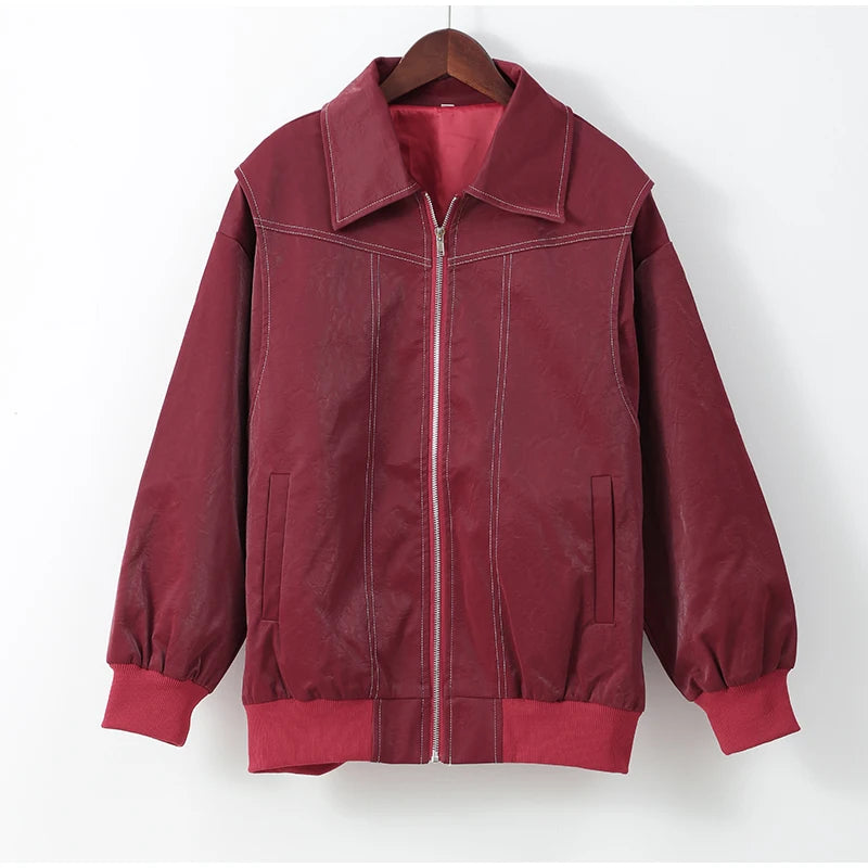 Wine Red Zipper Cropped Leather Jacket with Lapel