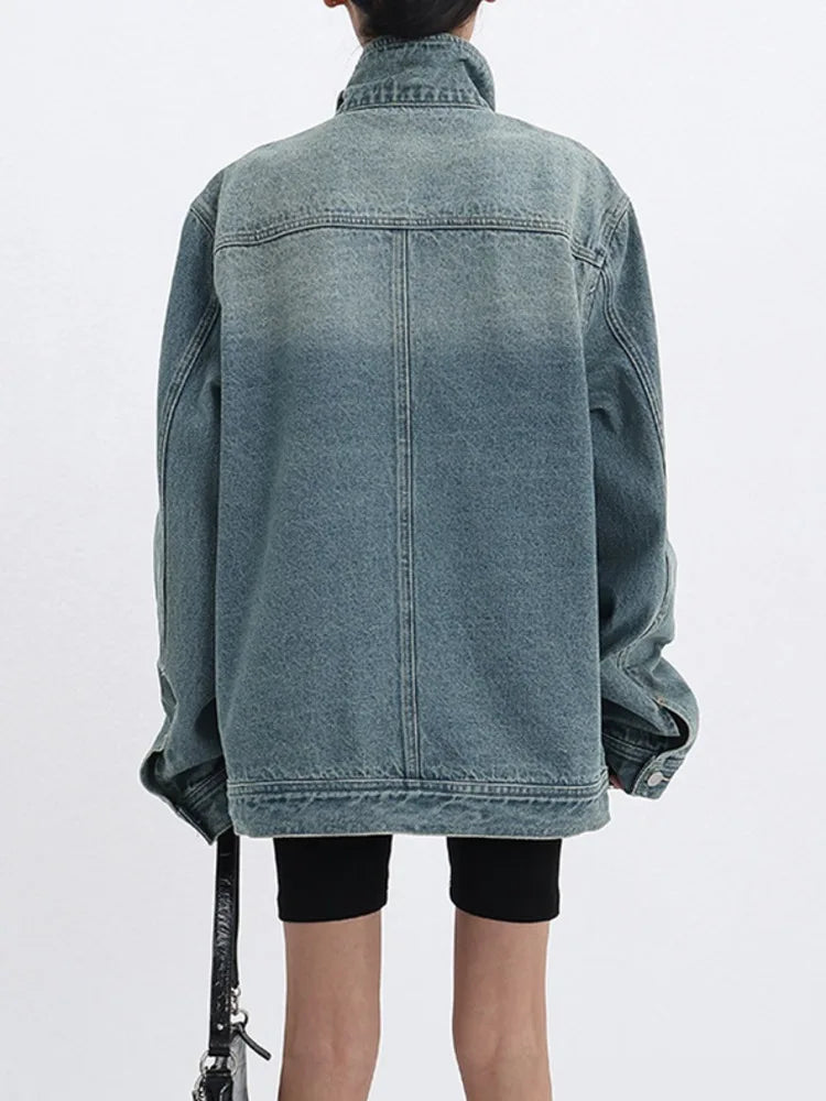 Turtleneck Single-Breasted Patchwork Denim Coat