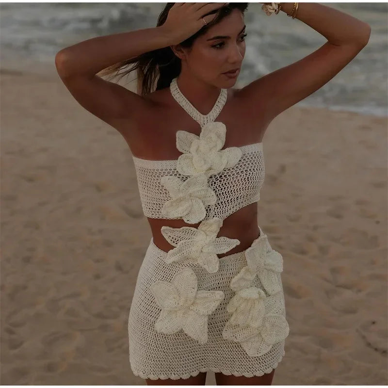 Crochet 3D Flower Halter Sleeveless Mini Dress