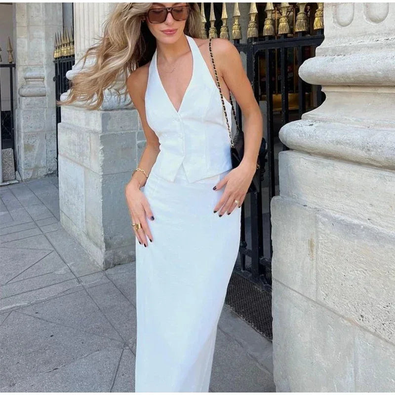 2 Piece Single Breasted Backless Bandage Vest + Split Long Skirt