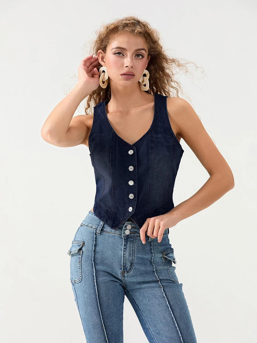 Sleeveless Denim V-Neck Button-Down Vest