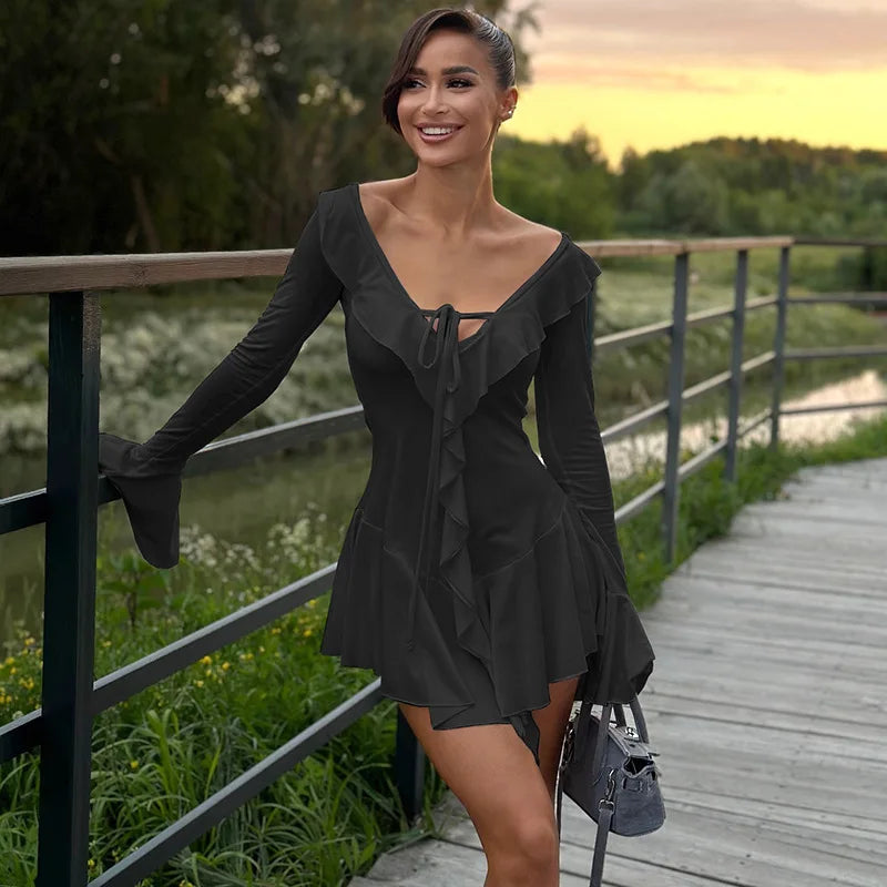 Deep V-Neck Flare Sleeve Pleated Mini Dress