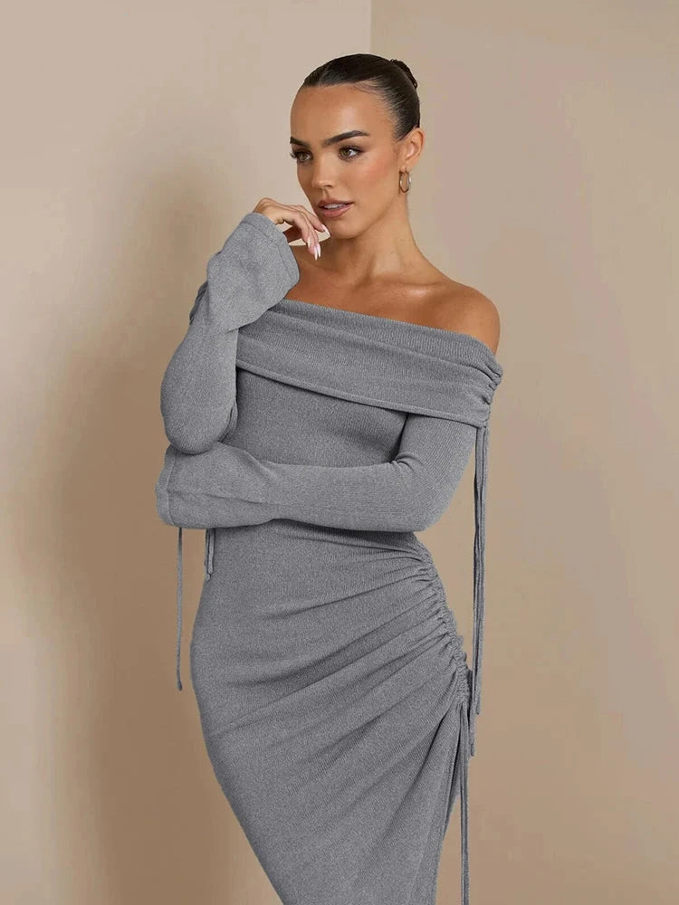 Drawstring Irregular Slash Neck Bare Shoulder Dress