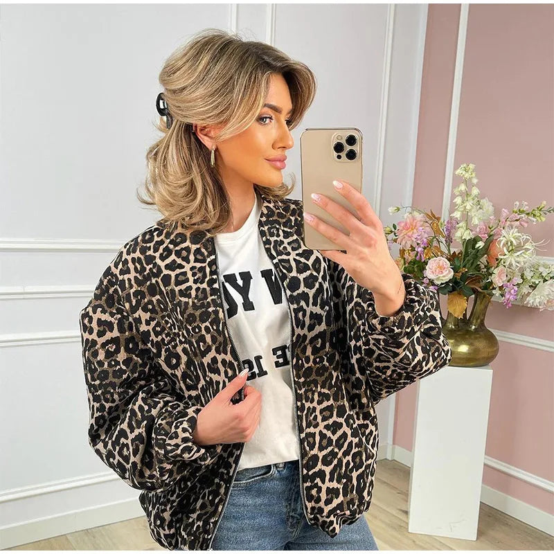 Retro Leopard Print O-Neck Zipper Jacket