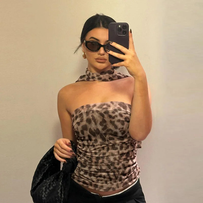 Leopard Print Tulle Off-Shoulder Top