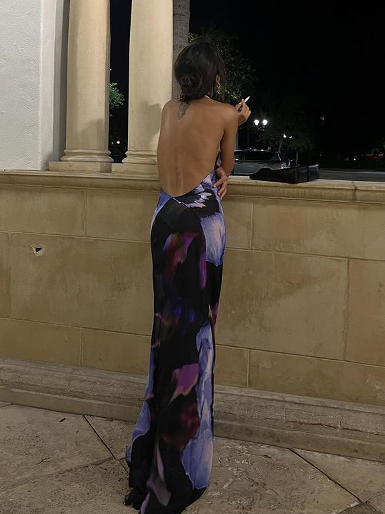 Purple Print Halter Backless Bodycon Maxi Dress