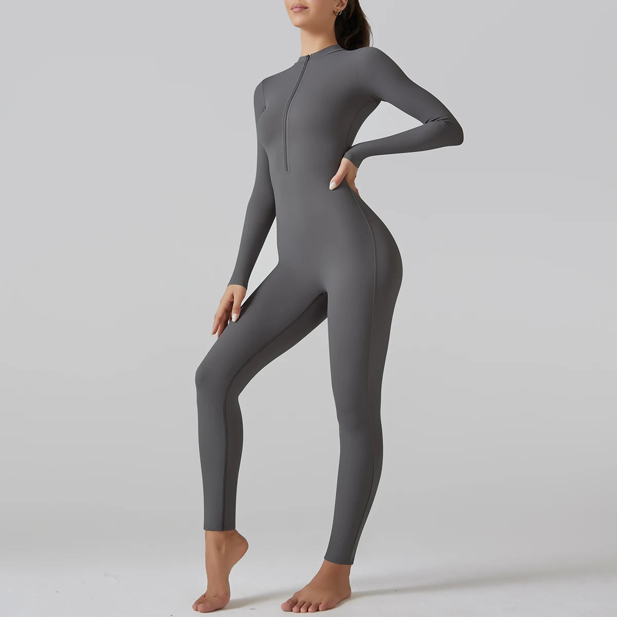 One-Piece Zipper Leggings Jumpsuit - Long Sleeve Push-Up Fitness Bodysuit