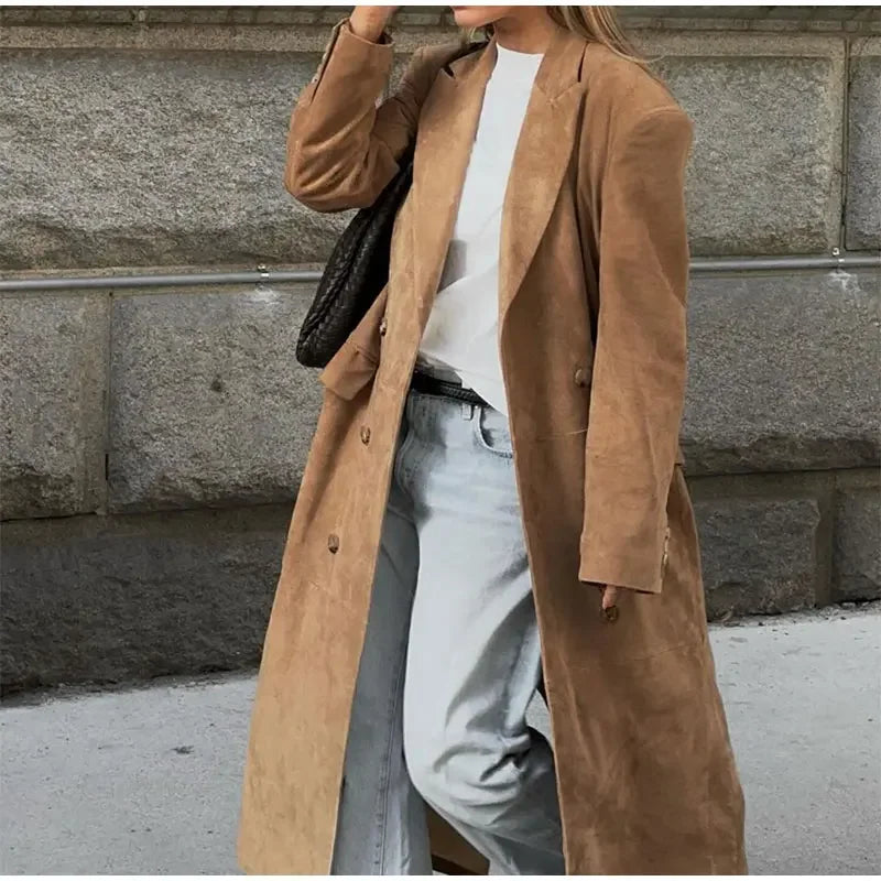 Suede Lapel Oversized Windbreaker Trench Coat