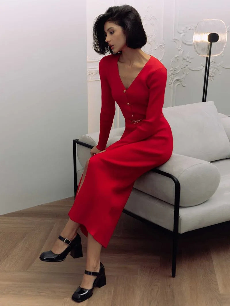 Elegant Evening V Neck Knit Dress