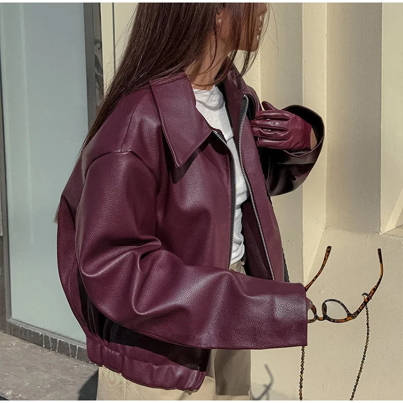 Wine Red Leather Zipper Motorcycle Jacket