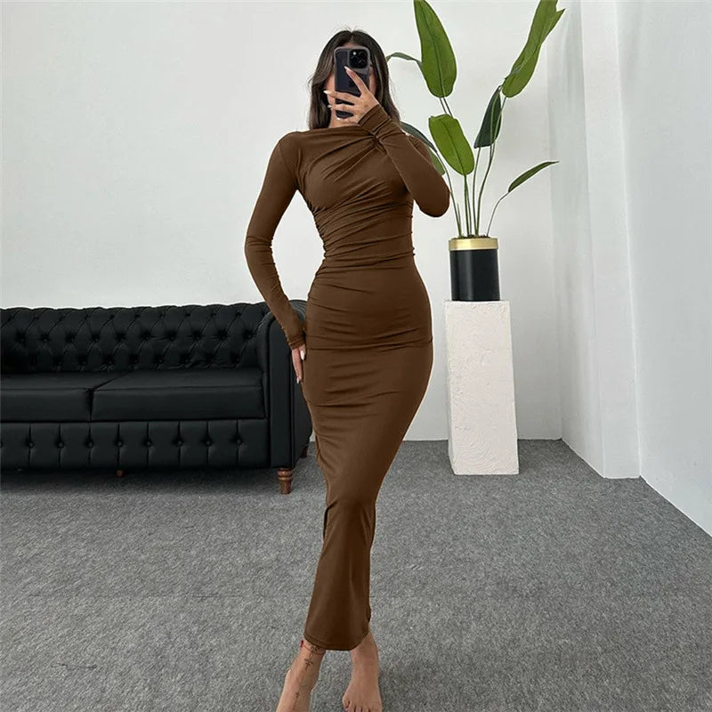 Elegant Ruched Long Bodycon Dress - Club Party Outfit