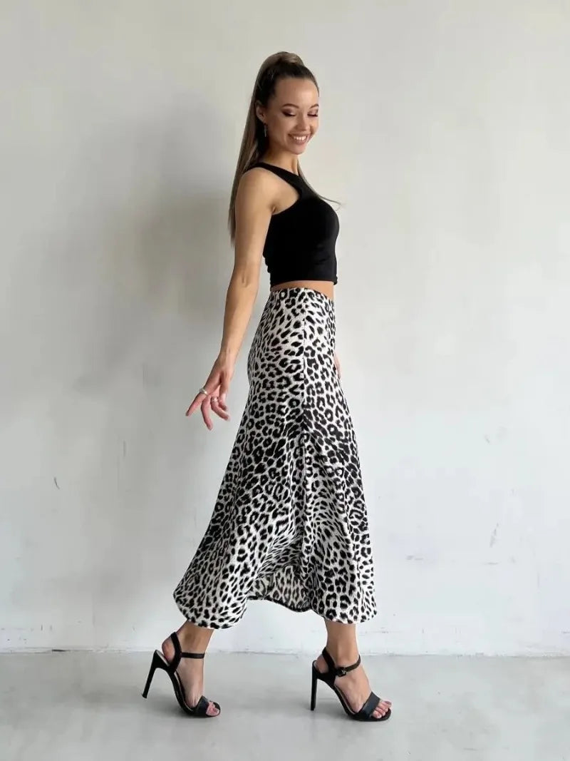 Satin Leopard Print Long Skirt