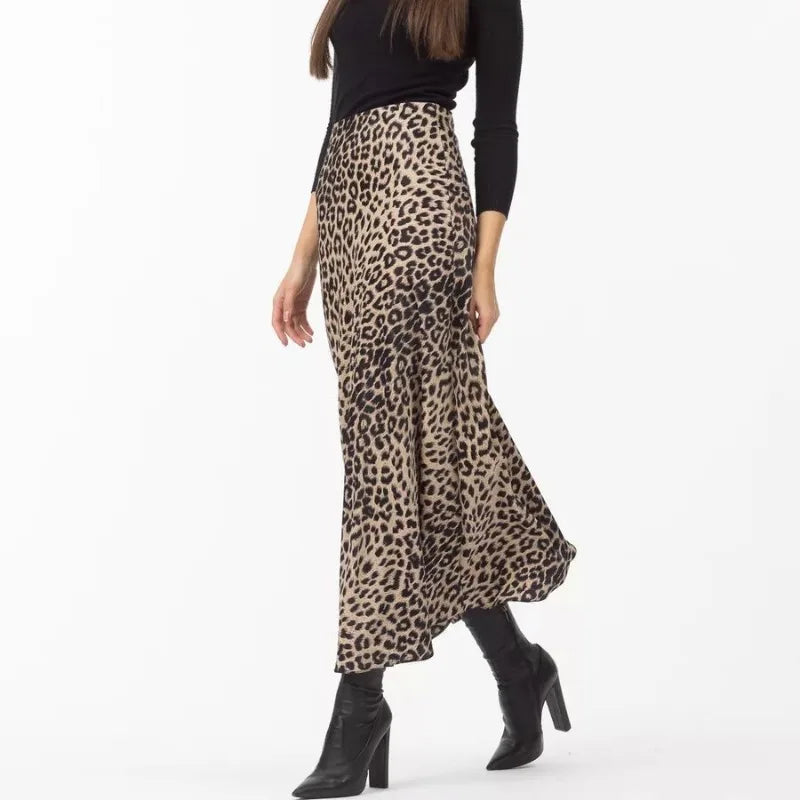 Satin Leopard Print Long Skirt