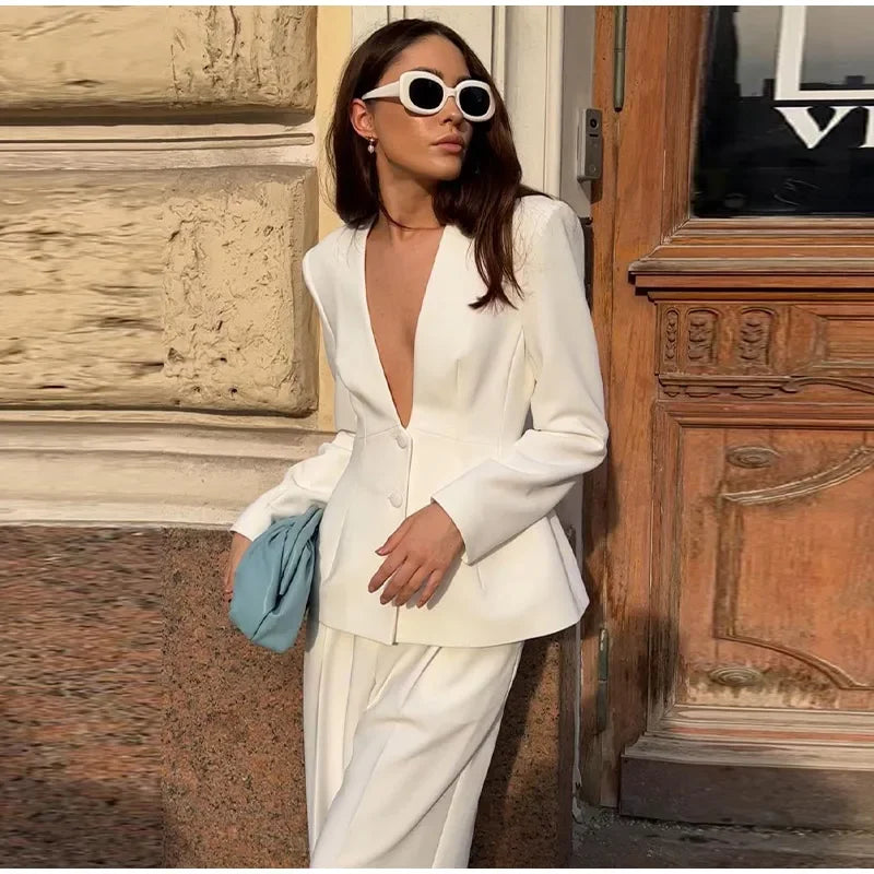 White Deep V-Neck Blazer and High-Waist Pants Set