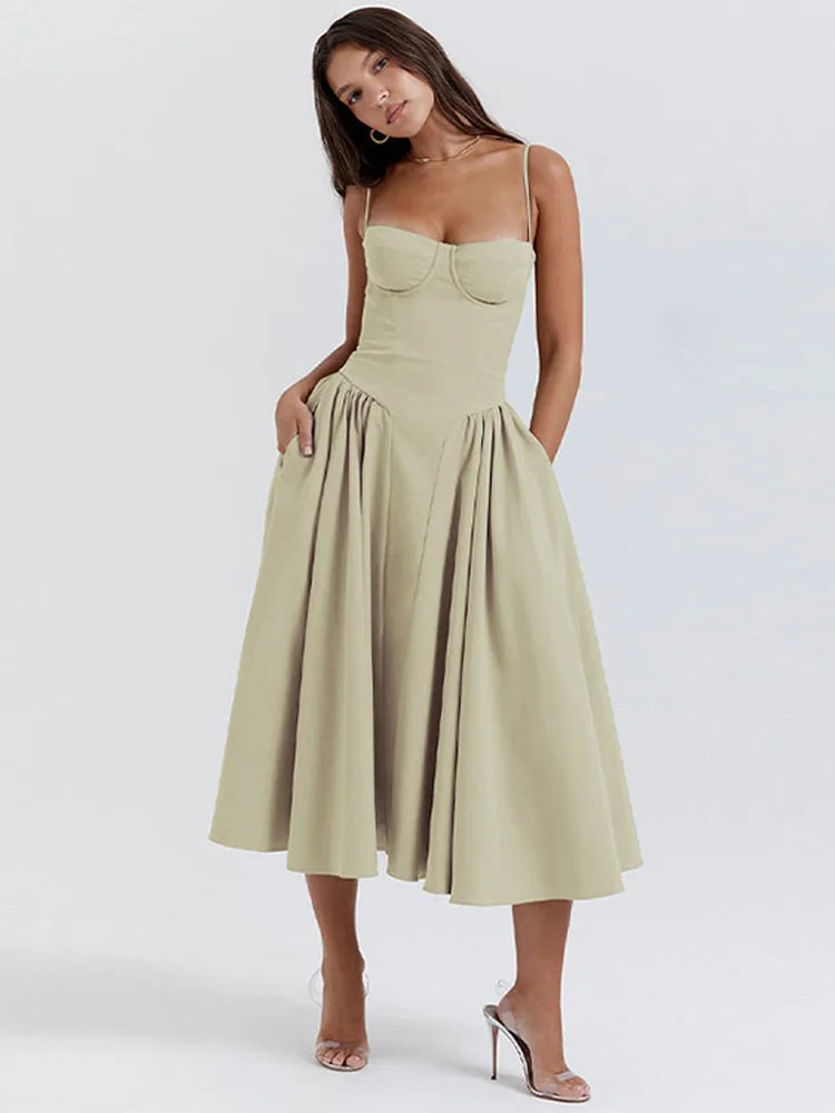 Solid Pleated Hem Sleeveless Midi Dress