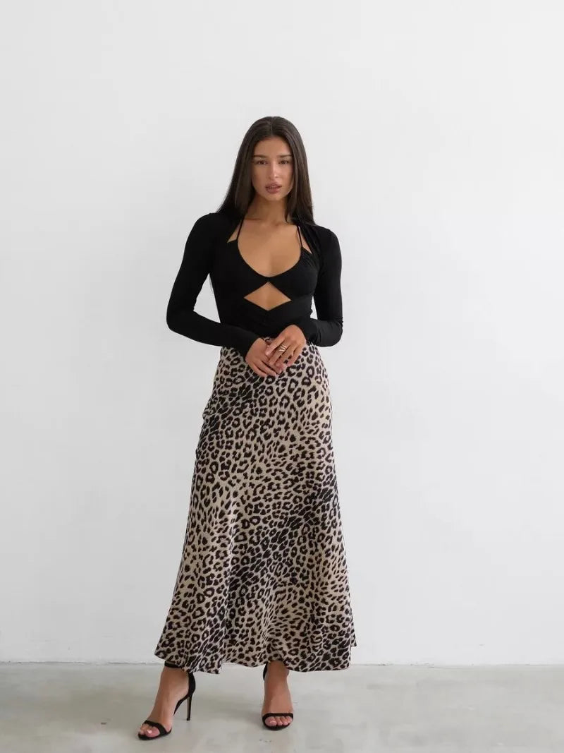 Satin Leopard Print Long Skirt