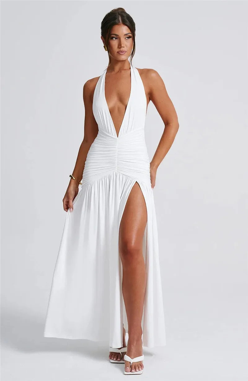 Halter Deep V Neck Backless Maxi Dress