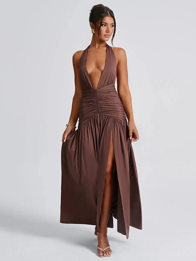 Halter Deep V Neck Backless Maxi Dress