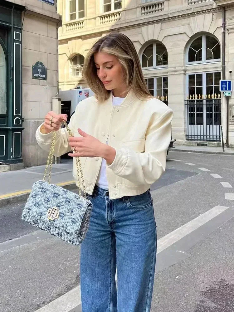 White Cropped Bomber Jacket with Button-Up Closure