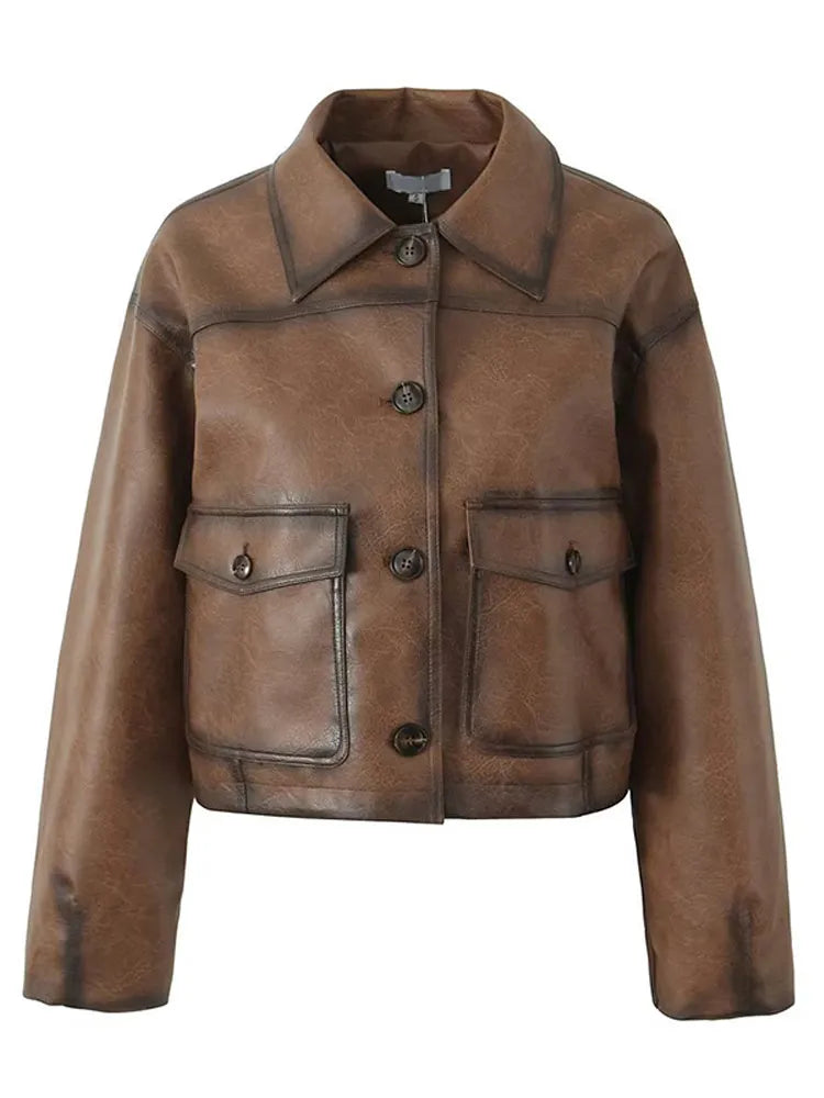 Retro PU Leather Jacket with Button Closure