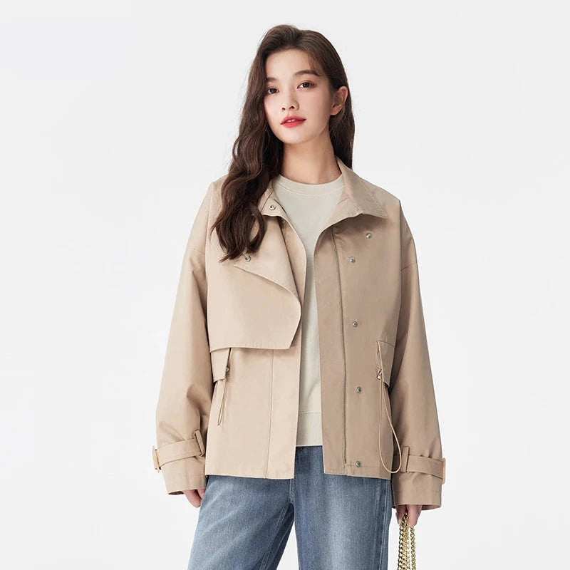 Solid Color Loose Waist-Tie Windbreaker Coat