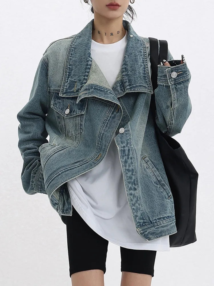 Turtleneck Single-Breasted Patchwork Denim Coat