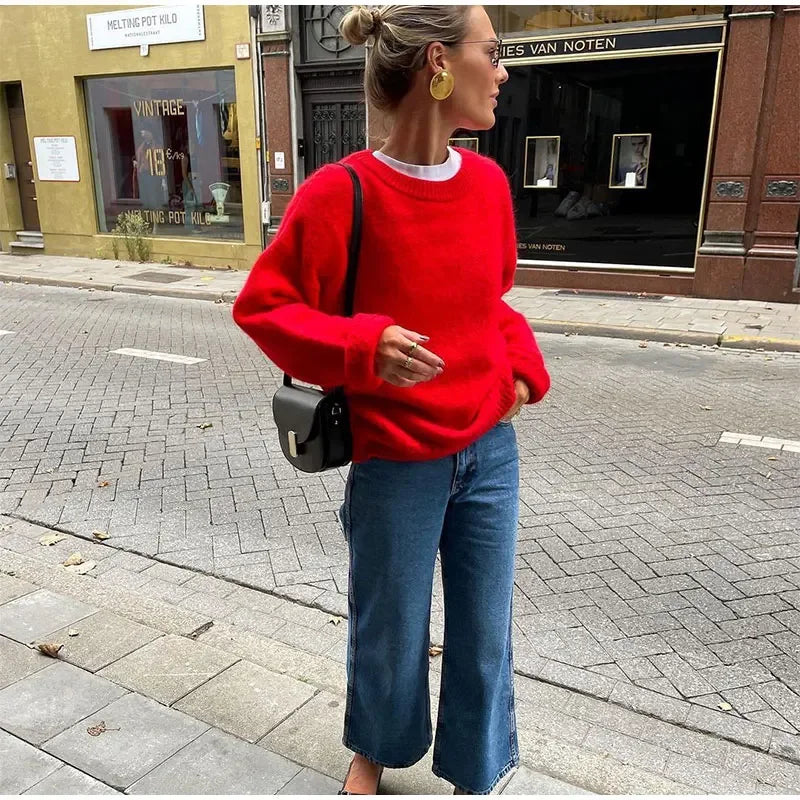 Chic Red O-Neck Pullover Sweater