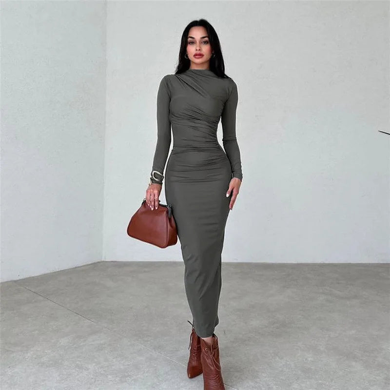 Elegant Ruched Long Bodycon Dress - Club Party Outfit