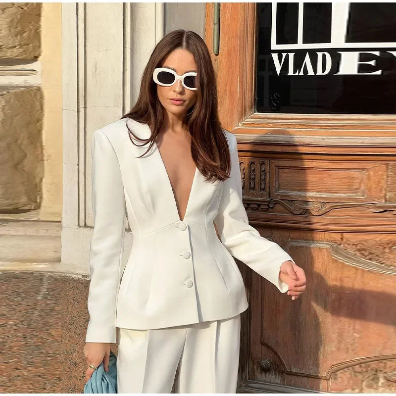 White Deep V-Neck Blazer and High-Waist Pants Set