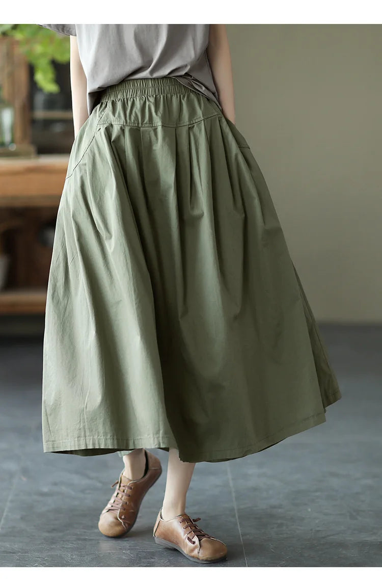 Khaki A-Line Elastic Waist Long Skirt - Vintage Streetwear