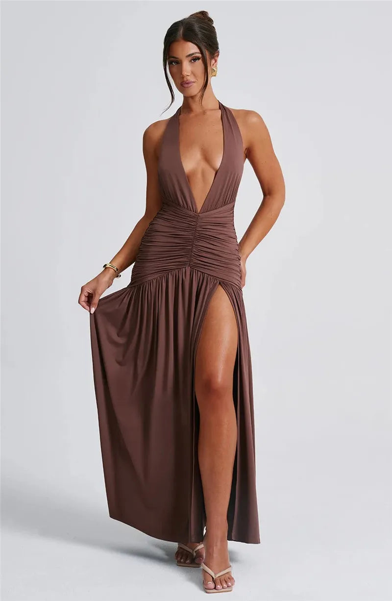 Halter Deep V Neck Backless Maxi Dress