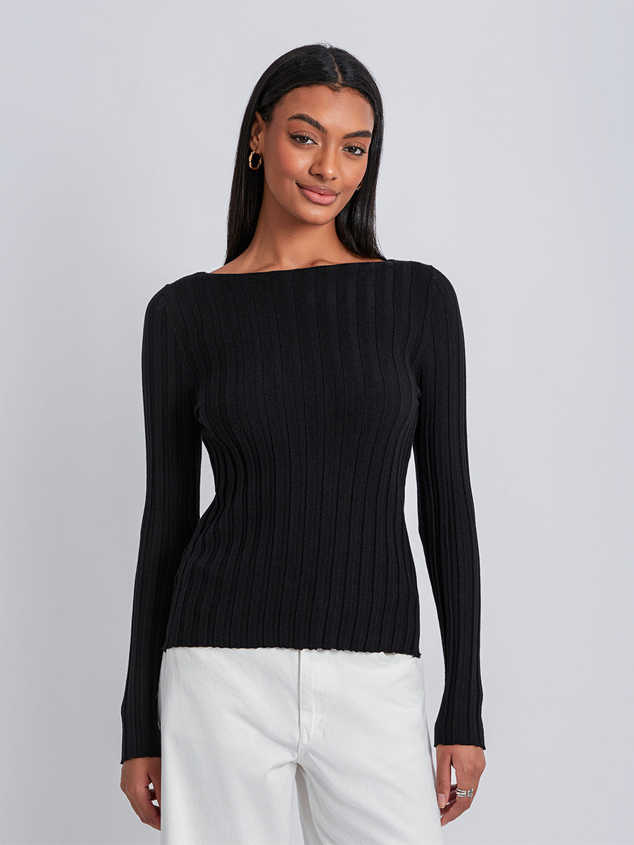 Long Sleeve Ribbed Knit Crewneck Sweater