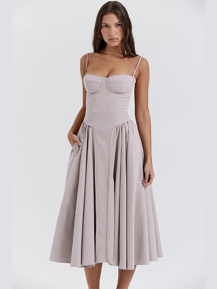 Solid Pleated Hem Sleeveless Midi Dress