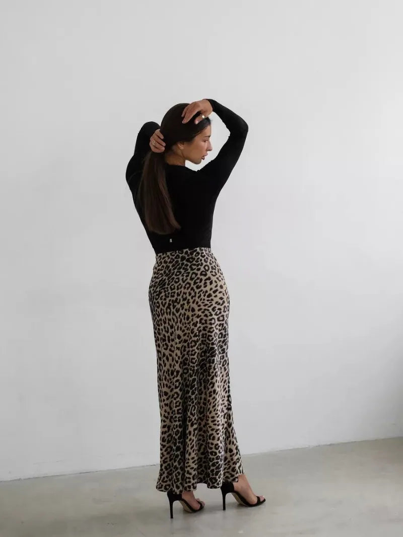 Satin Leopard Print Long Skirt